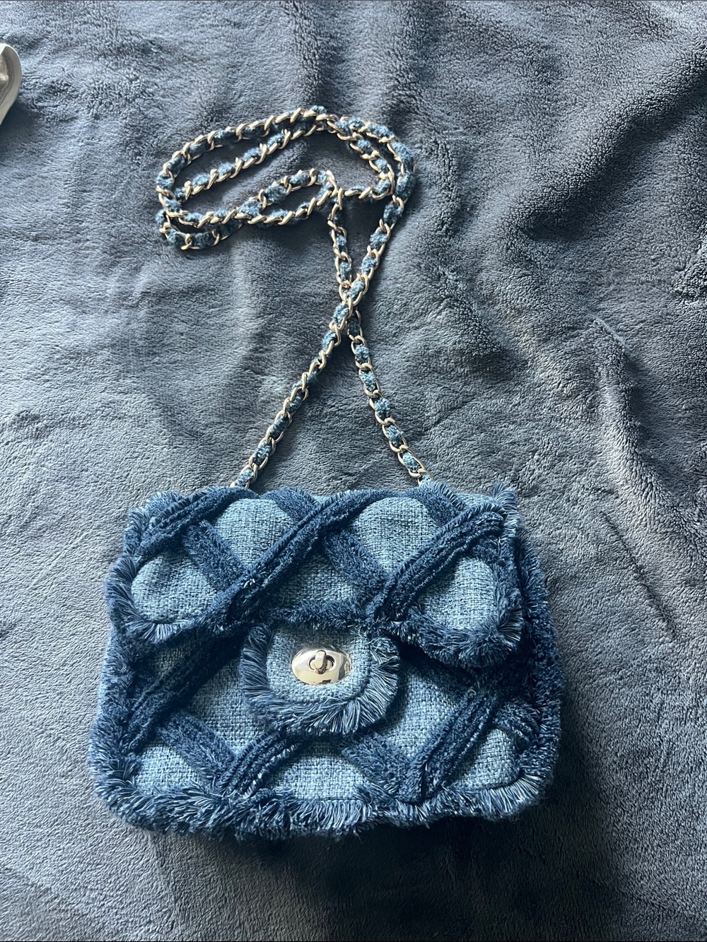 Fringed Quilted Blue Chain Crossbody Bag
